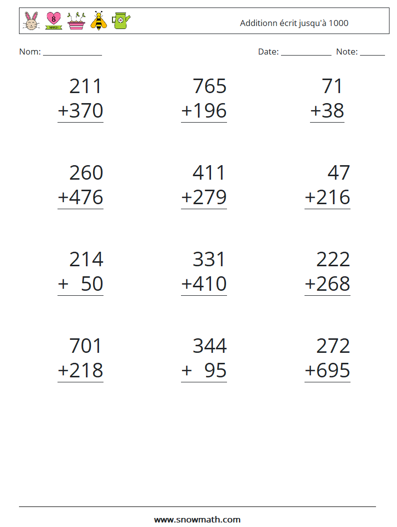 (12) Additionn écrit jusqu'à 1000 Fiches d'Exercices de Mathématiques 6