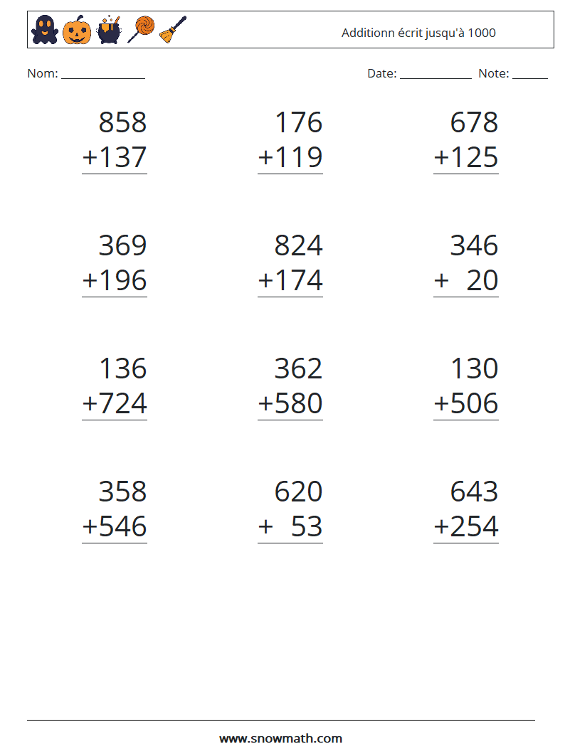 (12) Additionn écrit jusqu'à 1000 Fiches d'Exercices de Mathématiques 7