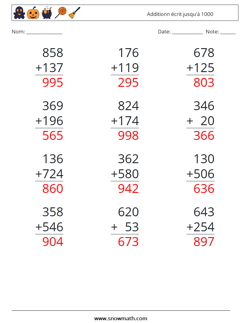 (12) Additionn écrit jusqu'à 1000 Fiches d'Exercices de Mathématiques 7 Question, Réponse