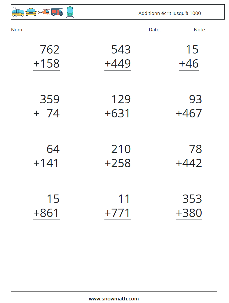 (12) Additionn écrit jusqu'à 1000 Fiches d'Exercices de Mathématiques 8