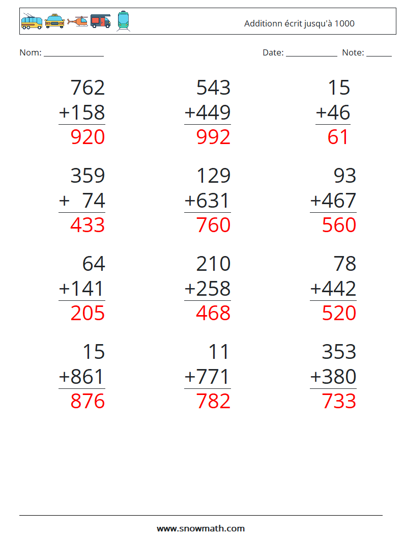 (12) Additionn écrit jusqu'à 1000 Fiches d'Exercices de Mathématiques 8 Question, Réponse