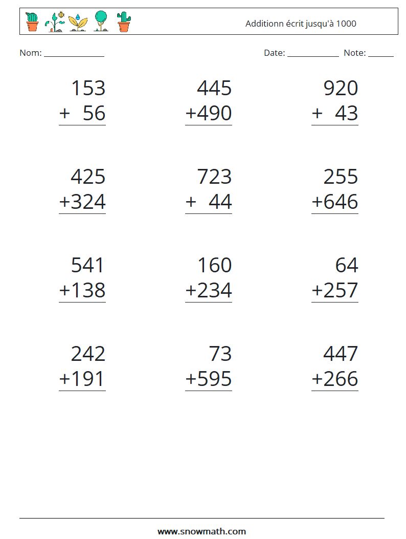(12) Additionn écrit jusqu'à 1000 Fiches d'Exercices de Mathématiques 9