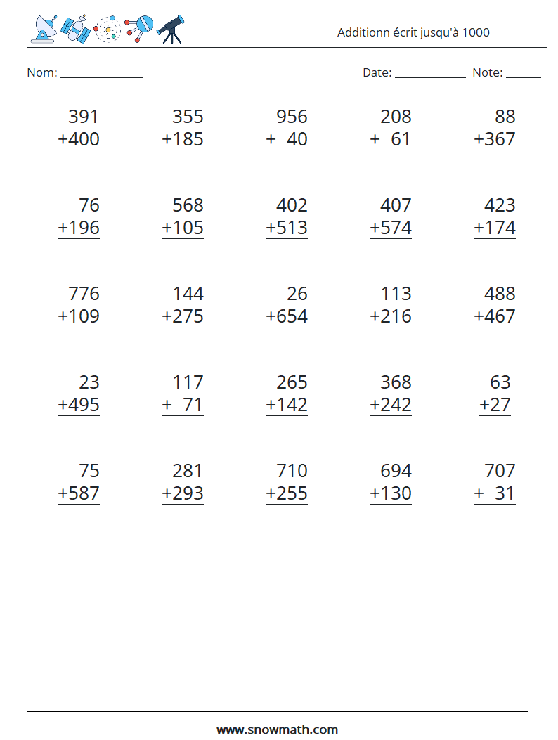 (25) Additionn écrit jusqu'à 1000 Fiches d'Exercices de Mathématiques 10