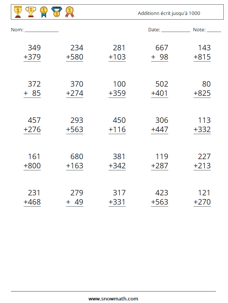 (25) Additionn écrit jusqu'à 1000 Fiches d'Exercices de Mathématiques 12