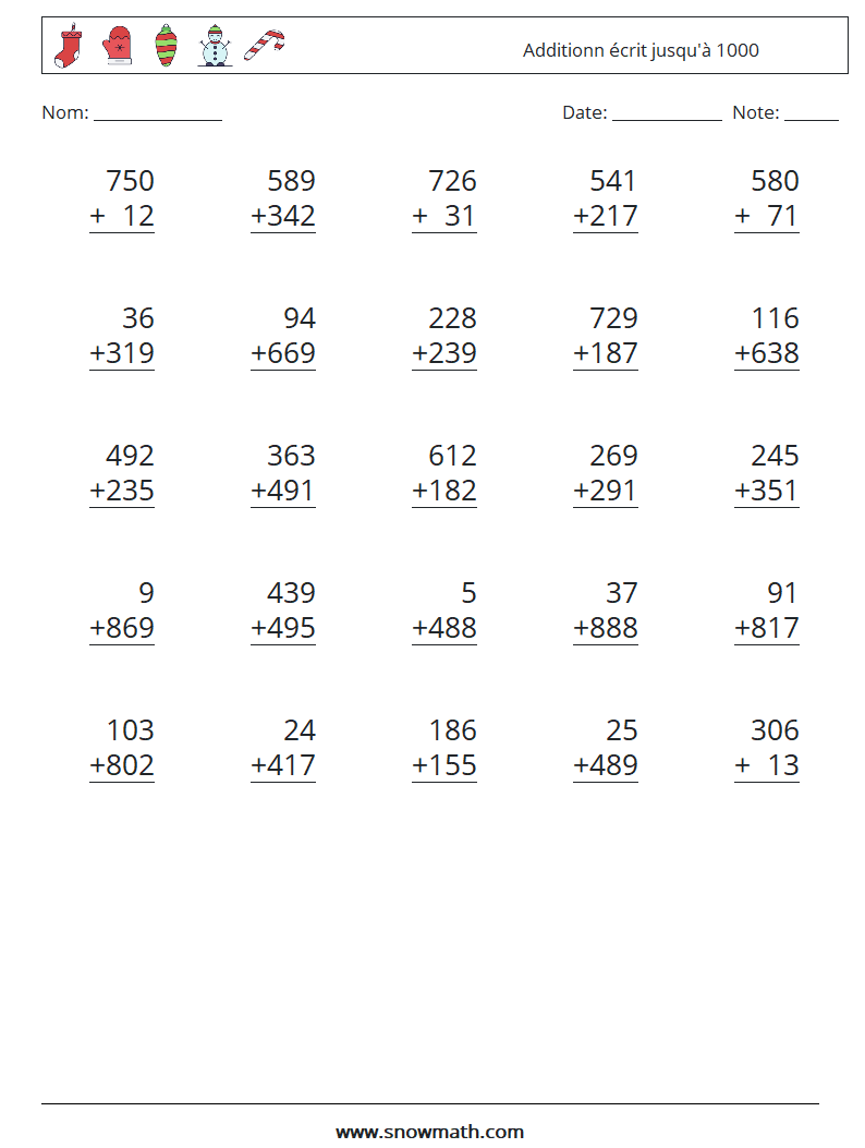 (25) Additionn écrit jusqu'à 1000 Fiches d'Exercices de Mathématiques 14