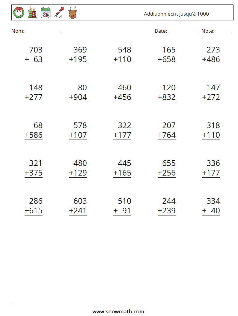 (25) Additionn écrit jusqu'à 1000 Fiches d'Exercices de Mathématiques 15