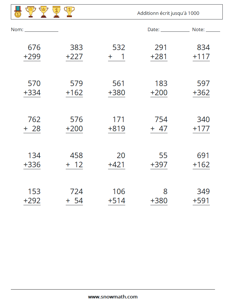 (25) Additionn écrit jusqu'à 1000 Fiches d'Exercices de Mathématiques 17
