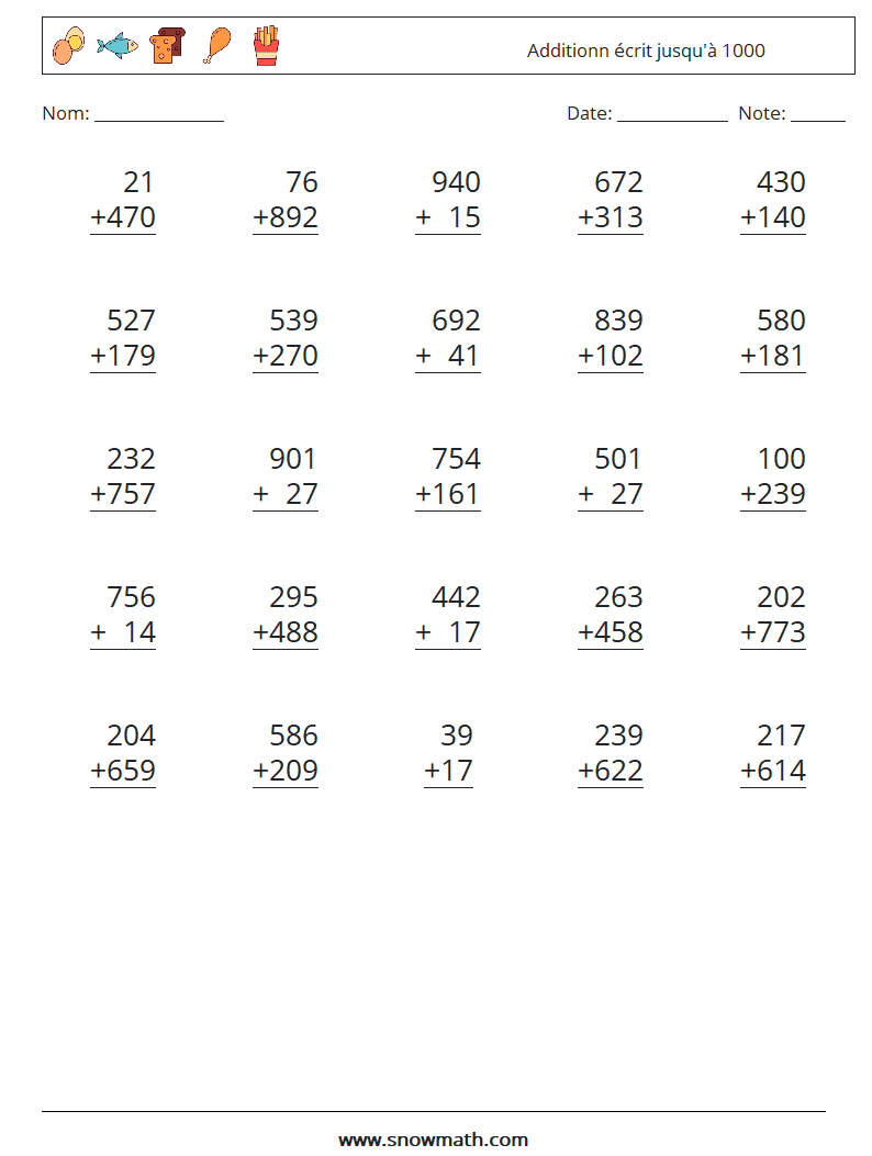 (25) Additionn écrit jusqu'à 1000 Fiches d'Exercices de Mathématiques 18