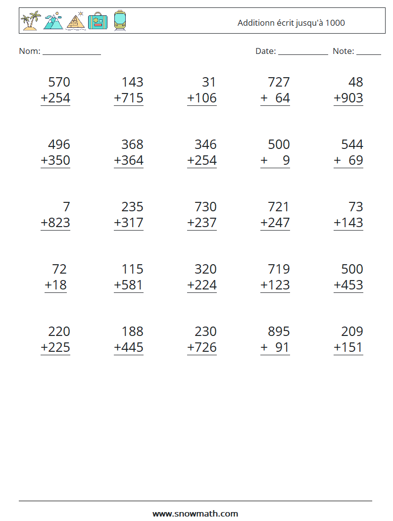 (25) Additionn écrit jusqu'à 1000 Fiches d'Exercices de Mathématiques 2