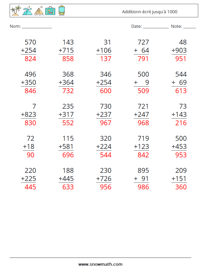 (25) Additionn écrit jusqu'à 1000 Fiches d'Exercices de Mathématiques 2 Question, Réponse