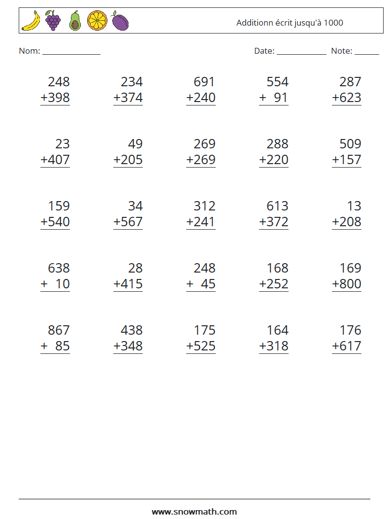 (25) Additionn écrit jusqu'à 1000 Fiches d'Exercices de Mathématiques 4