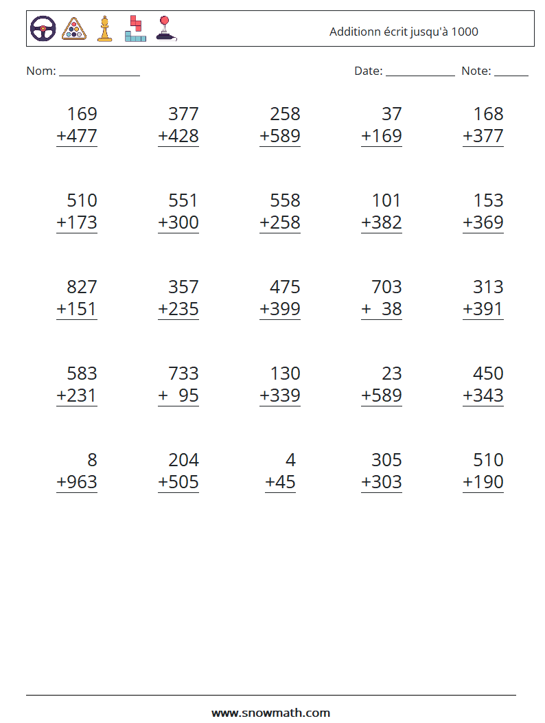 (25) Additionn écrit jusqu'à 1000 Fiches d'Exercices de Mathématiques 5