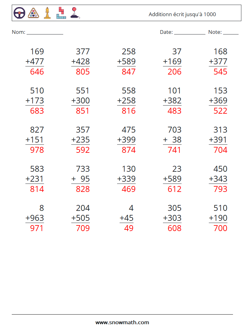 (25) Additionn écrit jusqu'à 1000 Fiches d'Exercices de Mathématiques 5 Question, Réponse