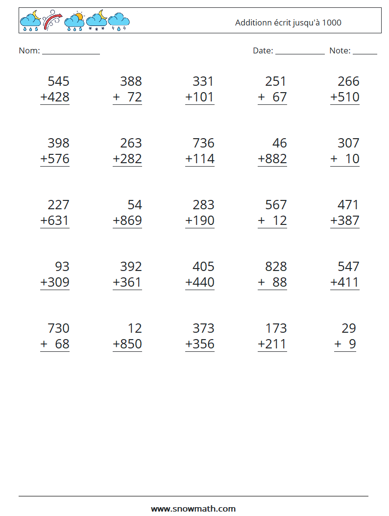 (25) Additionn écrit jusqu'à 1000 Fiches d'Exercices de Mathématiques 6