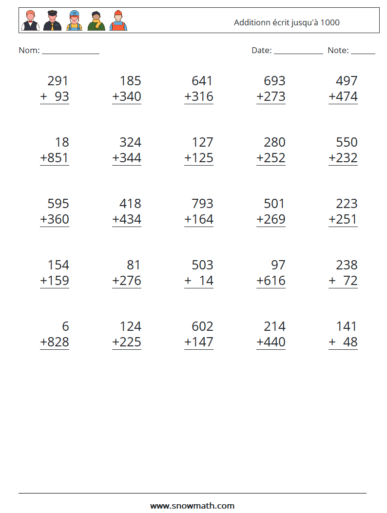 (25) Additionn écrit jusqu'à 1000 Fiches d'Exercices de Mathématiques 7