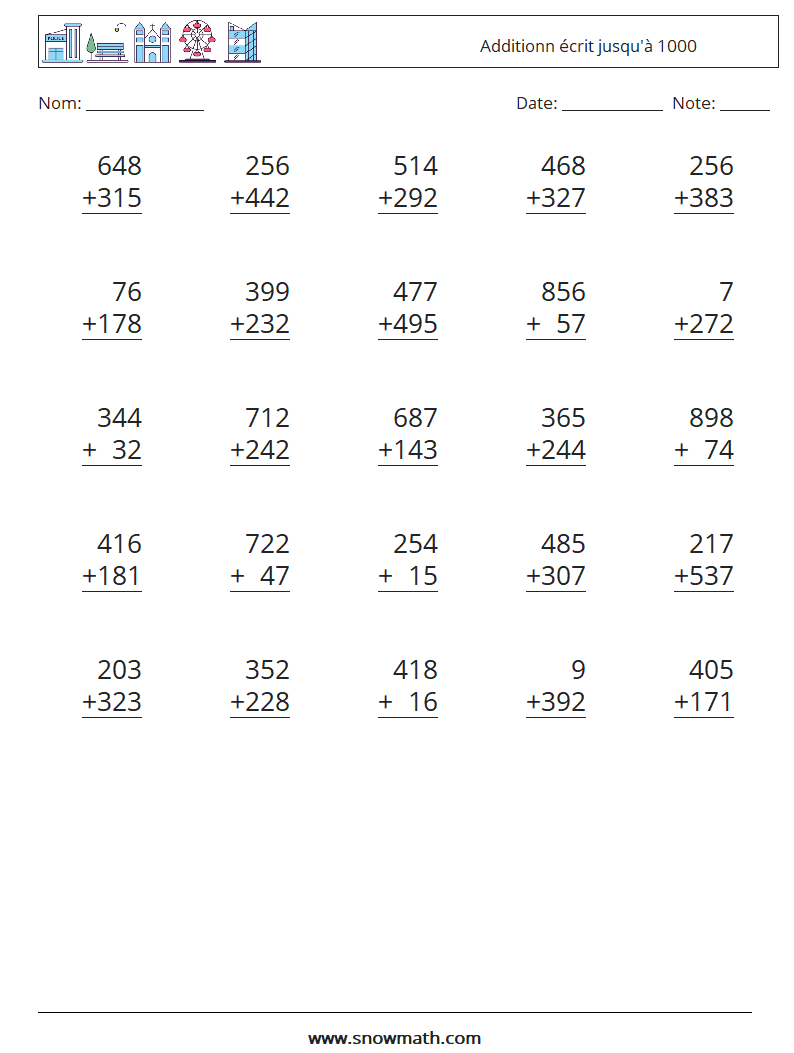 (25) Additionn écrit jusqu'à 1000 Fiches d'Exercices de Mathématiques 8