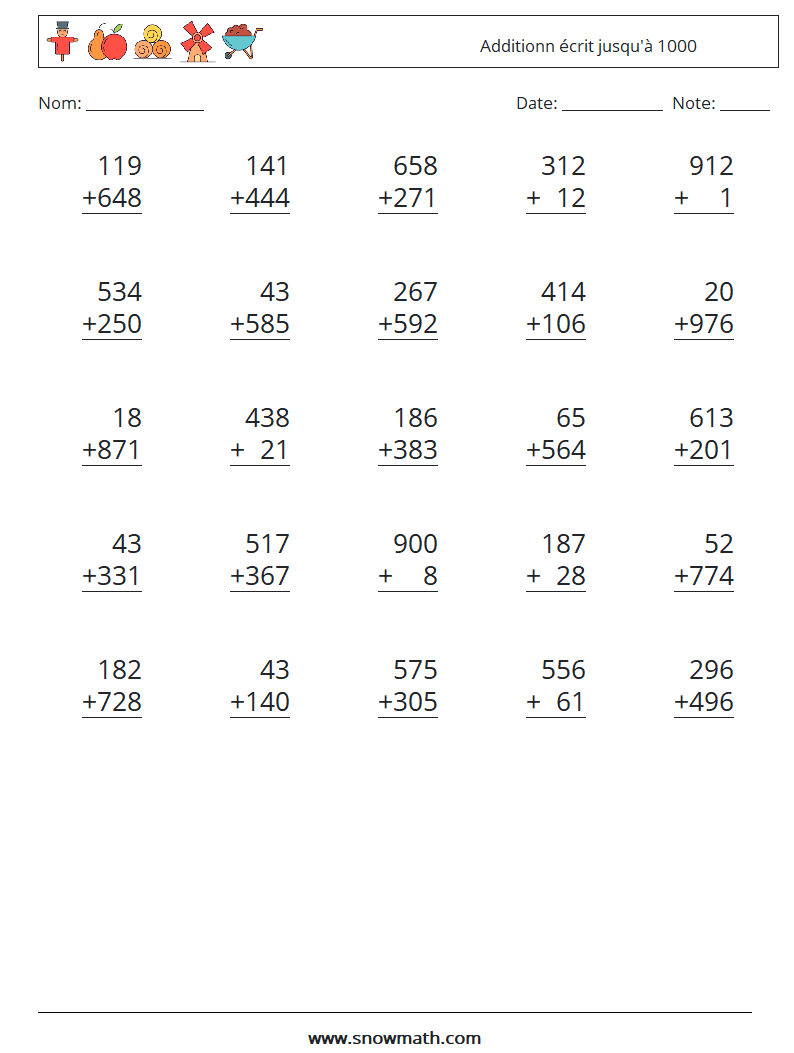 (25) Additionn écrit jusqu'à 1000 Fiches d'Exercices de Mathématiques 9