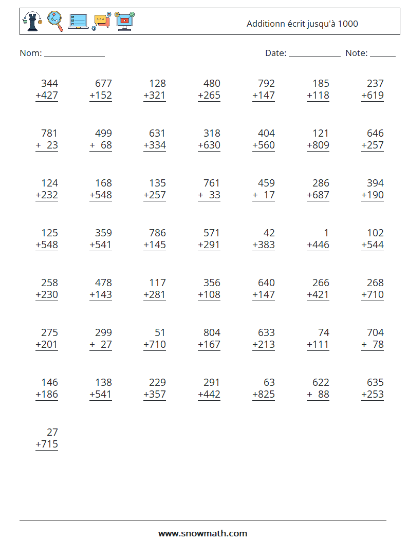 (50) Additionn écrit jusqu'à 1000 Fiches d'Exercices de Mathématiques 1