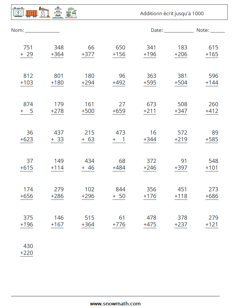(50) Additionn écrit jusqu'à 1000 Fiches d'Exercices de Mathématiques 10