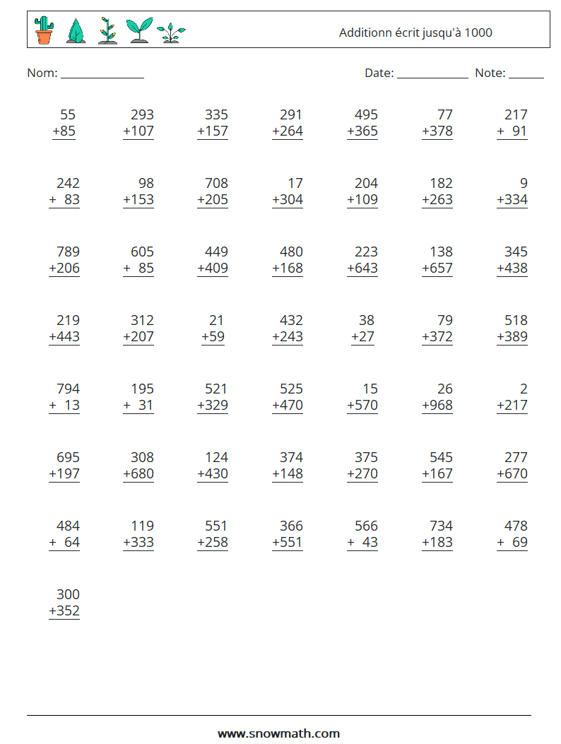 (50) Additionn écrit jusqu'à 1000 Fiches d'Exercices de Mathématiques 12