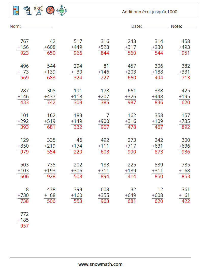 (50) Additionn écrit jusqu'à 1000 Fiches d'Exercices de Mathématiques 13 Question, Réponse