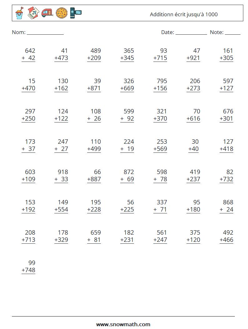 (50) Additionn écrit jusqu'à 1000 Fiches d'Exercices de Mathématiques 14