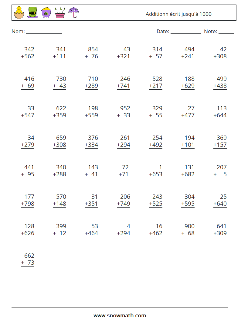 (50) Additionn écrit jusqu'à 1000 Fiches d'Exercices de Mathématiques 15