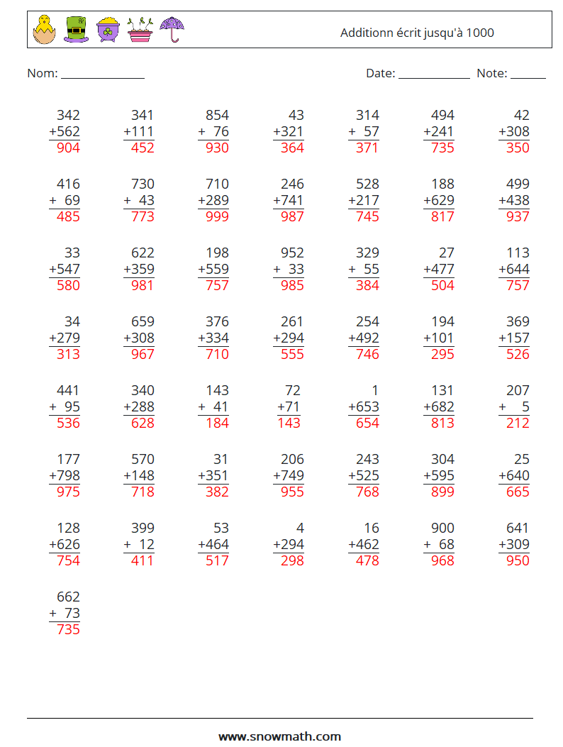 (50) Additionn écrit jusqu'à 1000 Fiches d'Exercices de Mathématiques 15 Question, Réponse