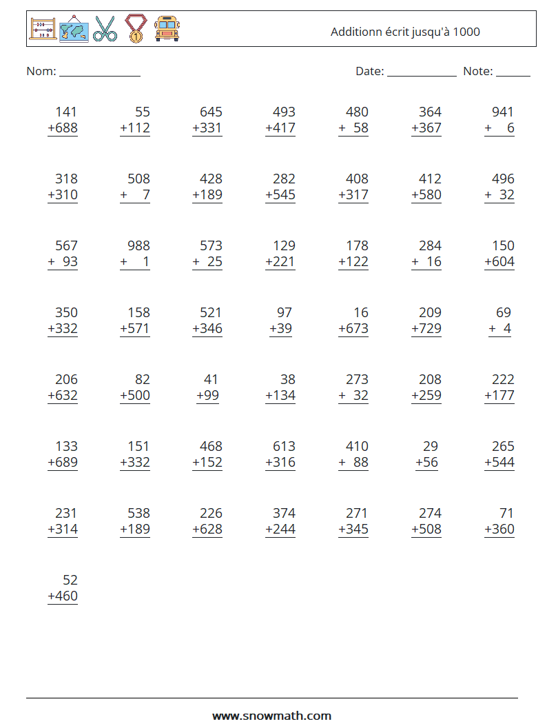 (50) Additionn écrit jusqu'à 1000 Fiches d'Exercices de Mathématiques 17