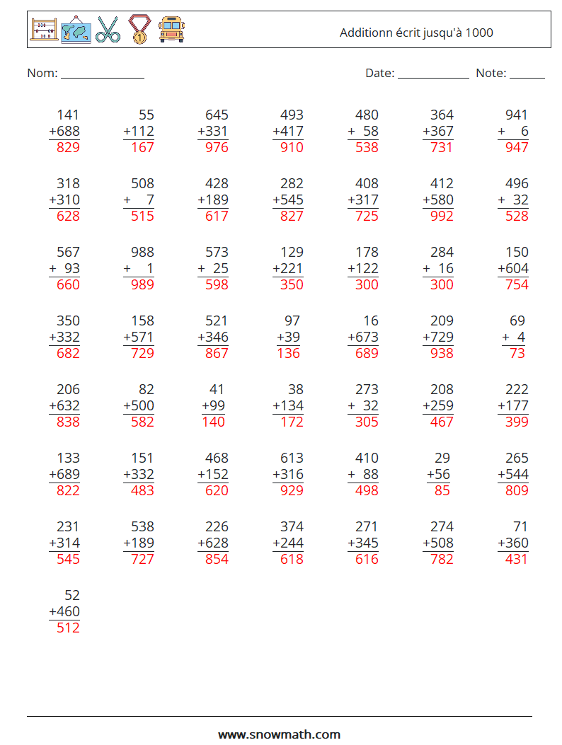 (50) Additionn écrit jusqu'à 1000 Fiches d'Exercices de Mathématiques 17 Question, Réponse