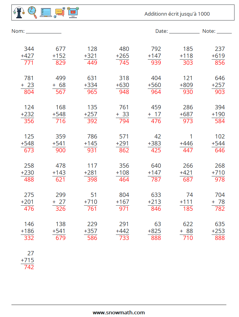 (50) Additionn écrit jusqu'à 1000 Fiches d'Exercices de Mathématiques 1 Question, Réponse
