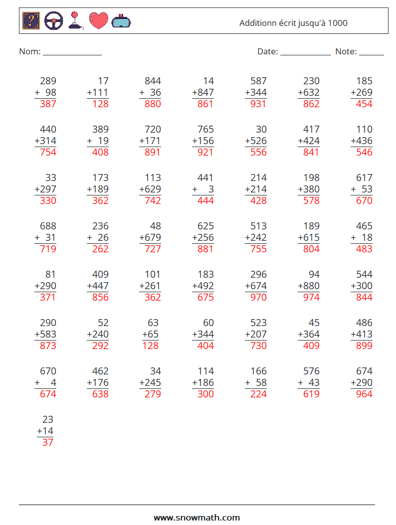 (50) Additionn écrit jusqu'à 1000 Fiches d'Exercices de Mathématiques 2 Question, Réponse