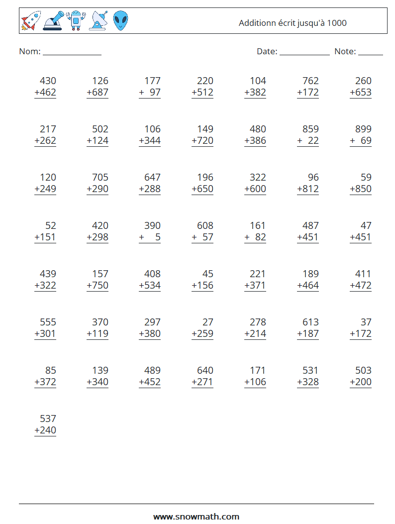 (50) Additionn écrit jusqu'à 1000 Fiches d'Exercices de Mathématiques 3