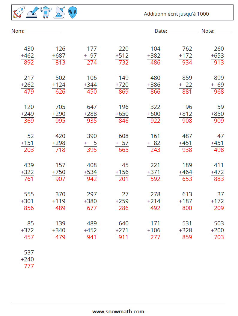 (50) Additionn écrit jusqu'à 1000 Fiches d'Exercices de Mathématiques 3 Question, Réponse