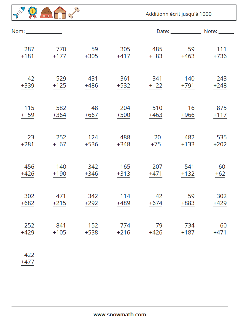 (50) Additionn écrit jusqu'à 1000 Fiches d'Exercices de Mathématiques 4