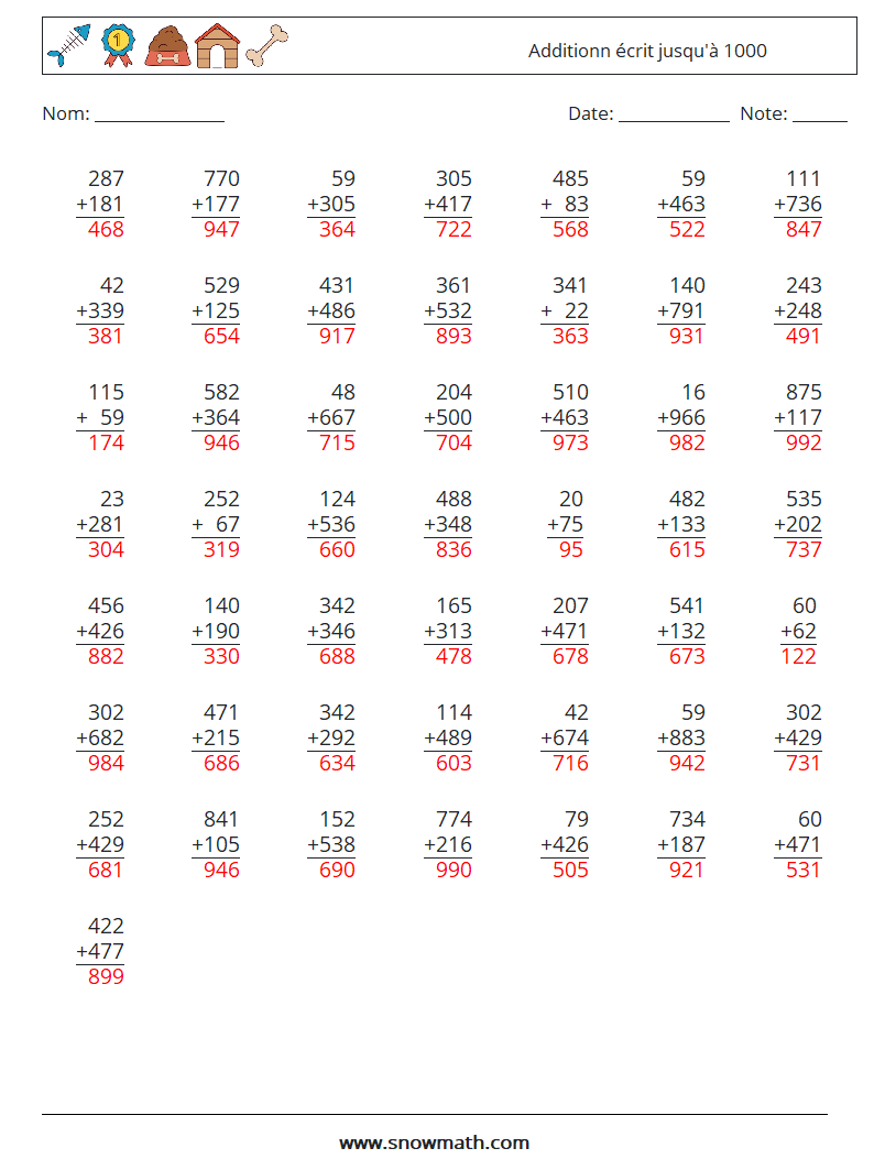 (50) Additionn écrit jusqu'à 1000 Fiches d'Exercices de Mathématiques 4 Question, Réponse