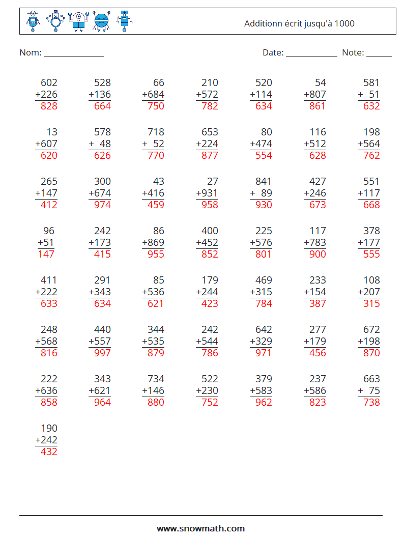 (50) Additionn écrit jusqu'à 1000 Fiches d'Exercices de Mathématiques 5 Question, Réponse