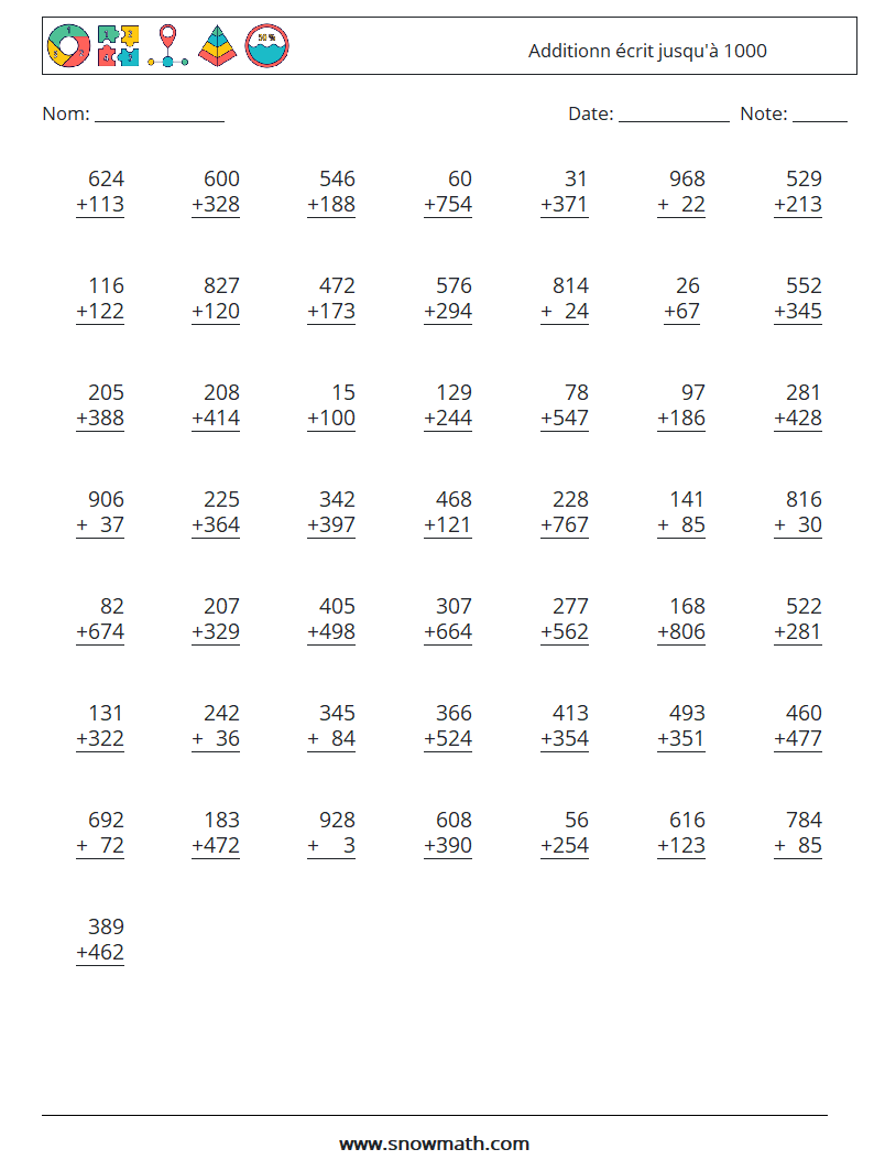 (50) Additionn écrit jusqu'à 1000 Fiches d'Exercices de Mathématiques 6