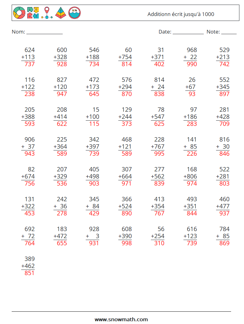 (50) Additionn écrit jusqu'à 1000 Fiches d'Exercices de Mathématiques 6 Question, Réponse