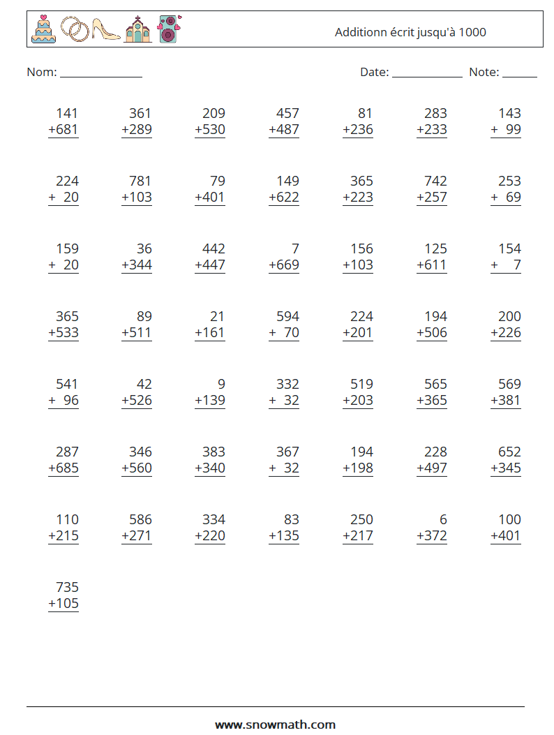 (50) Additionn écrit jusqu'à 1000 Fiches d'Exercices de Mathématiques 7