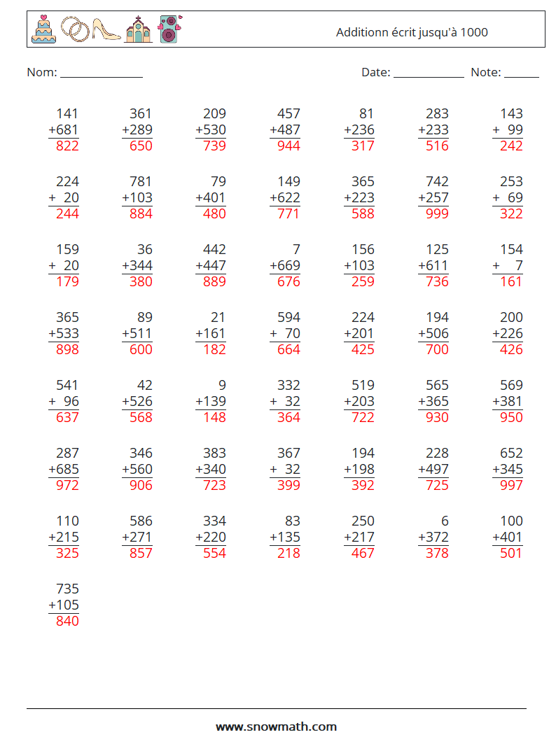 (50) Additionn écrit jusqu'à 1000 Fiches d'Exercices de Mathématiques 7 Question, Réponse