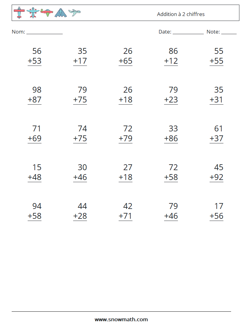 (25) Addition à 2 chiffres Fiches d'Exercices de Mathématiques 1