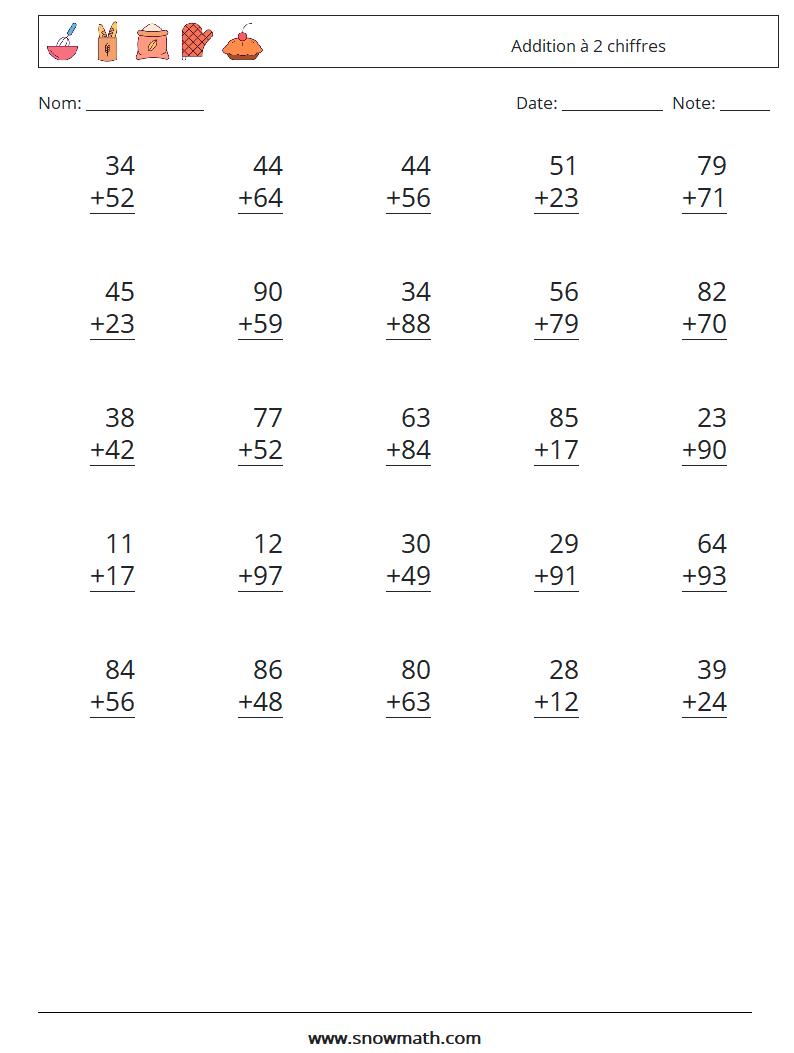 (25) Addition à 2 chiffres Fiches d'Exercices de Mathématiques 10