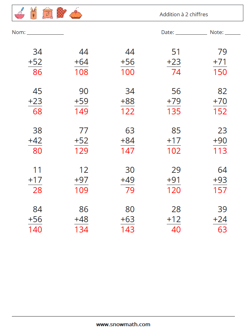 (25) Addition à 2 chiffres Fiches d'Exercices de Mathématiques 10 Question, Réponse