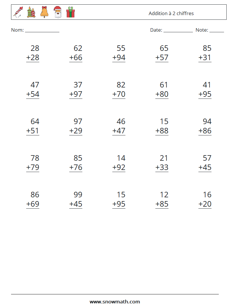 (25) Addition à 2 chiffres Fiches d'Exercices de Mathématiques 11