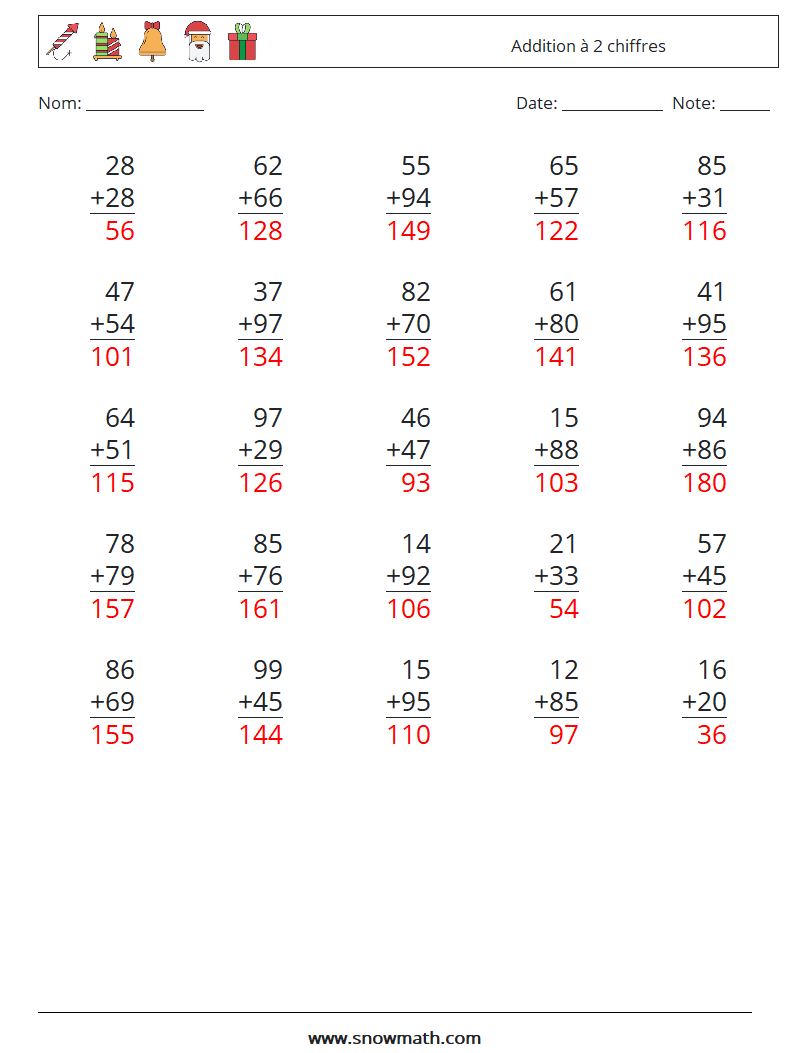 (25) Addition à 2 chiffres Fiches d'Exercices de Mathématiques 11 Question, Réponse