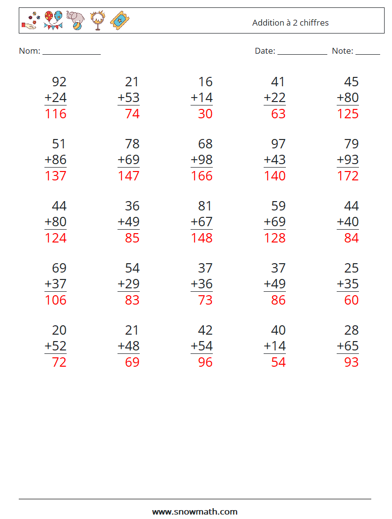 (25) Addition à 2 chiffres Fiches d'Exercices de Mathématiques 12 Question, Réponse