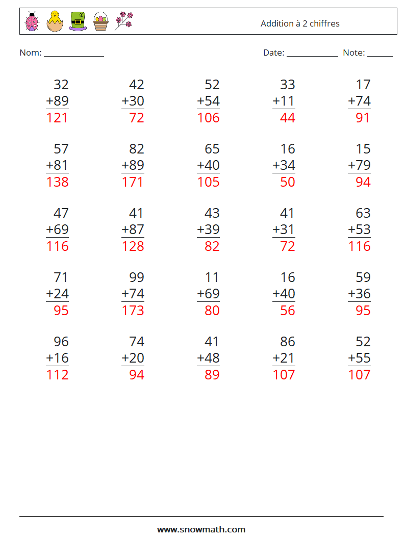 (25) Addition à 2 chiffres Fiches d'Exercices de Mathématiques 14 Question, Réponse