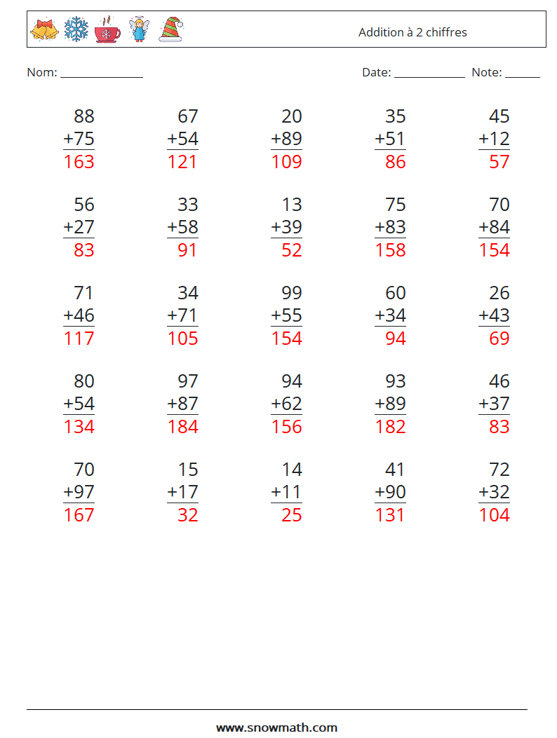 (25) Addition à 2 chiffres Fiches d'Exercices de Mathématiques 15 Question, Réponse