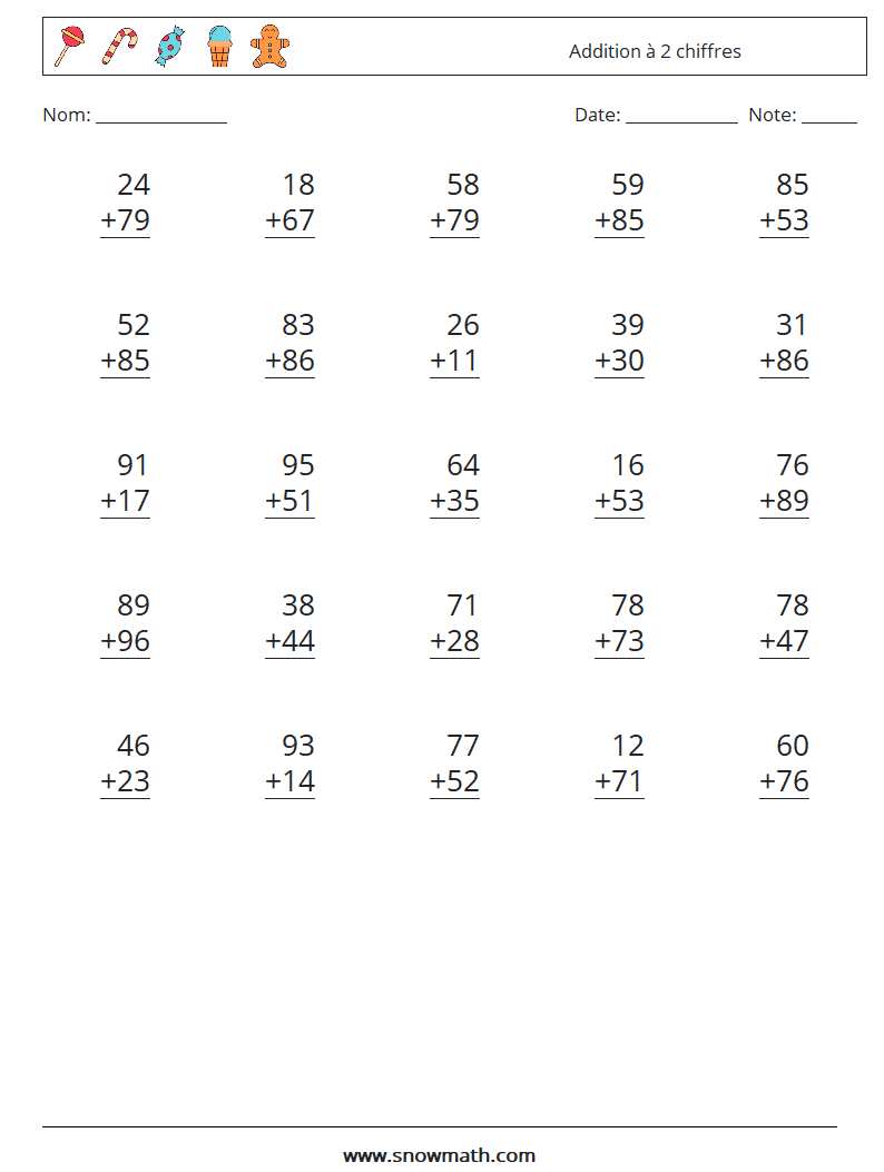 (25) Addition à 2 chiffres Fiches d'Exercices de Mathématiques 16